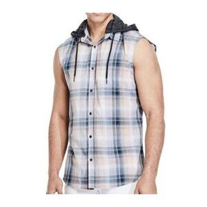 G By  Guess Mens Sleeveless Plaid Button-Up Shirt With Removable Hood XL